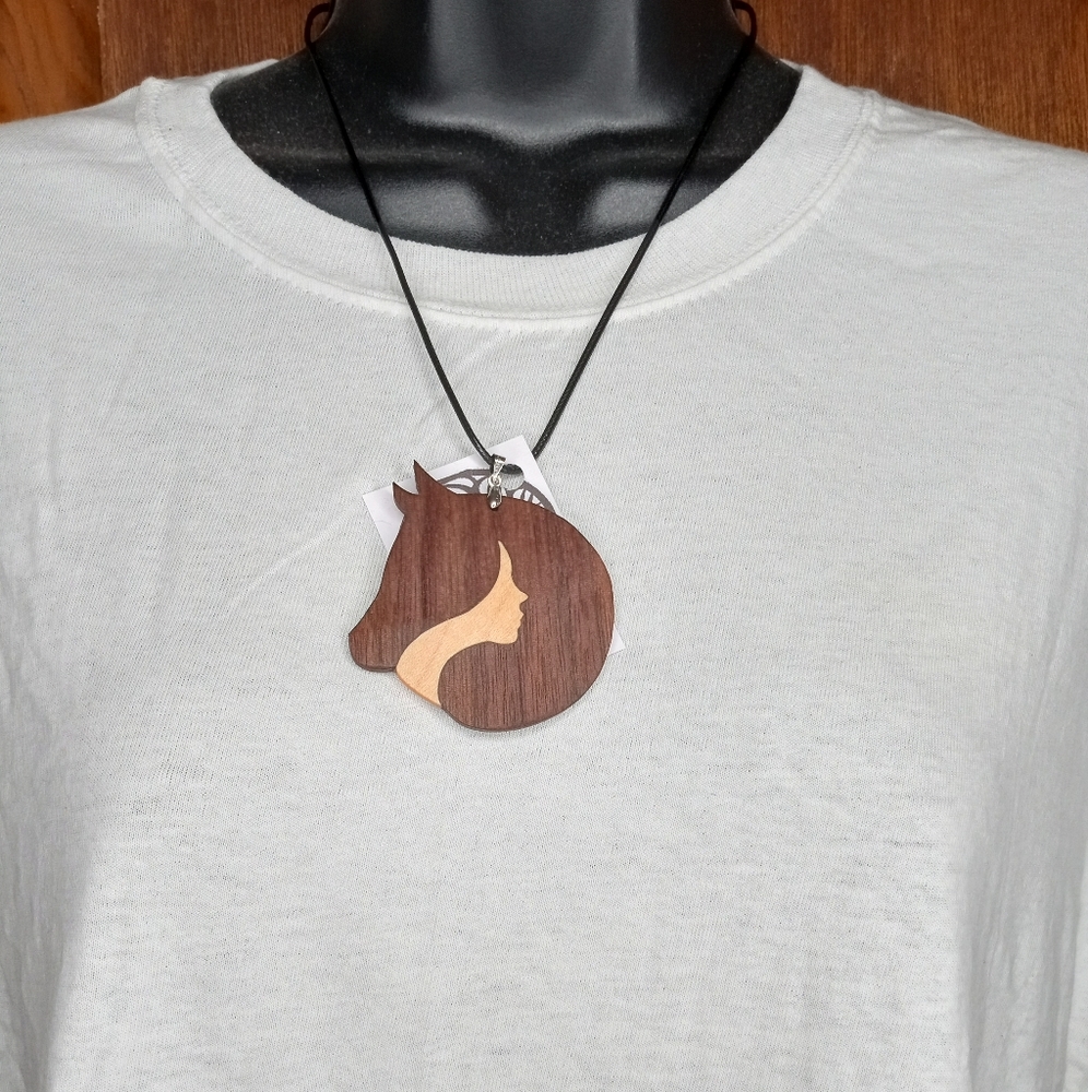 Hand Crafted Lady And Horse Wooden Necklace